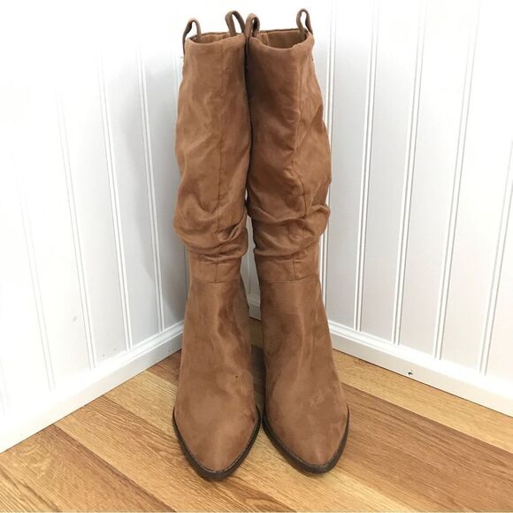 REPORT Tariq Vegan Suede Leather Slouch Boot High Block Heel Brown Size 8 - Picture 2 of 13